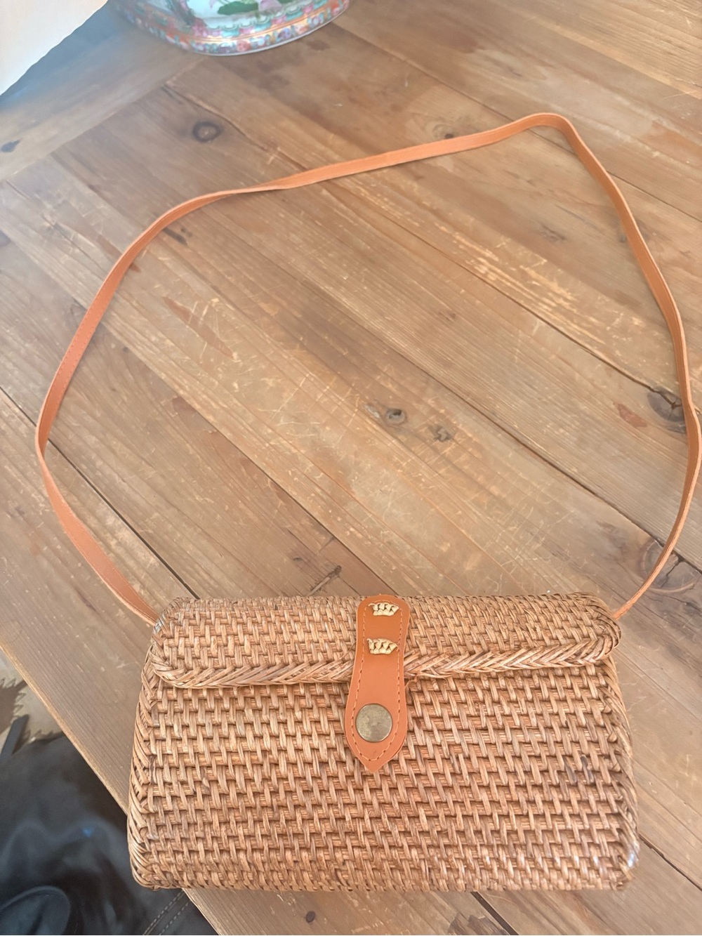 Woven Straw Crossbody Bag with Tan Leather Strap
